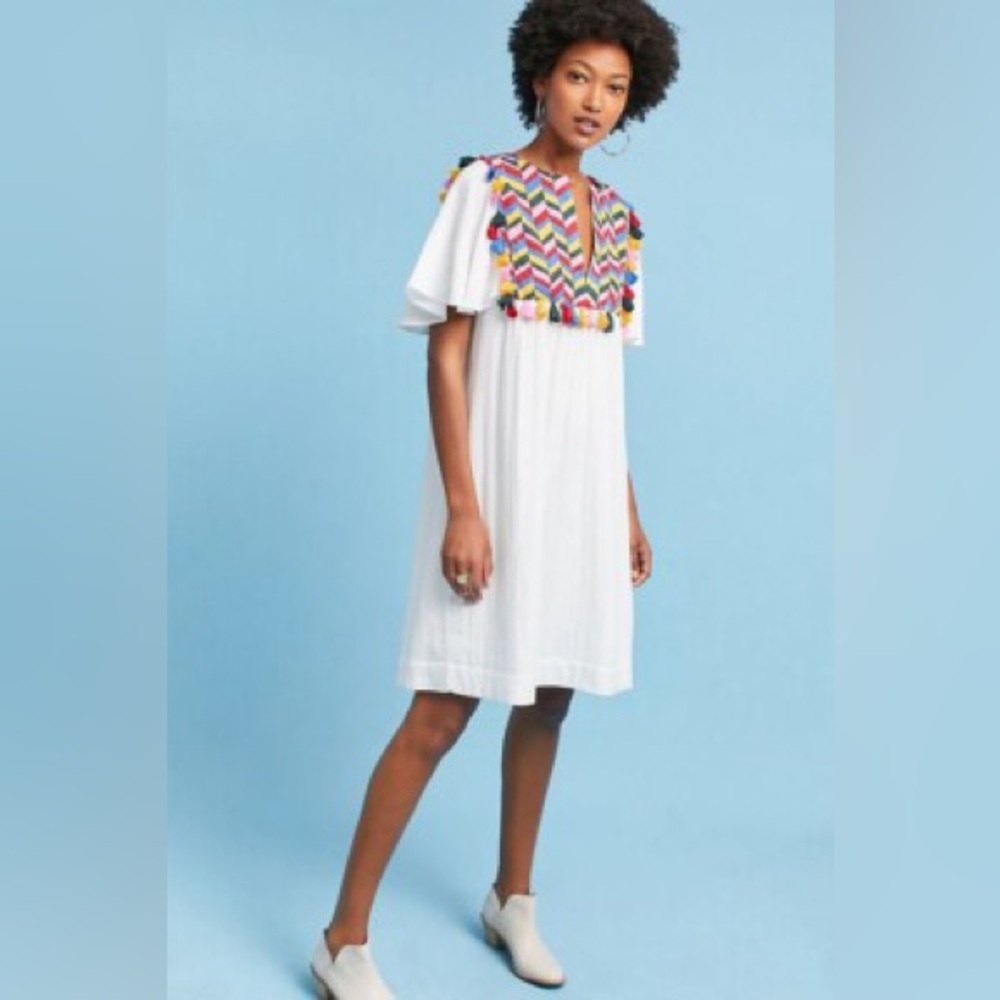 Anthropologie Whit Two Bette Flutter-Sleeve Dress multi chevron embroidered SP